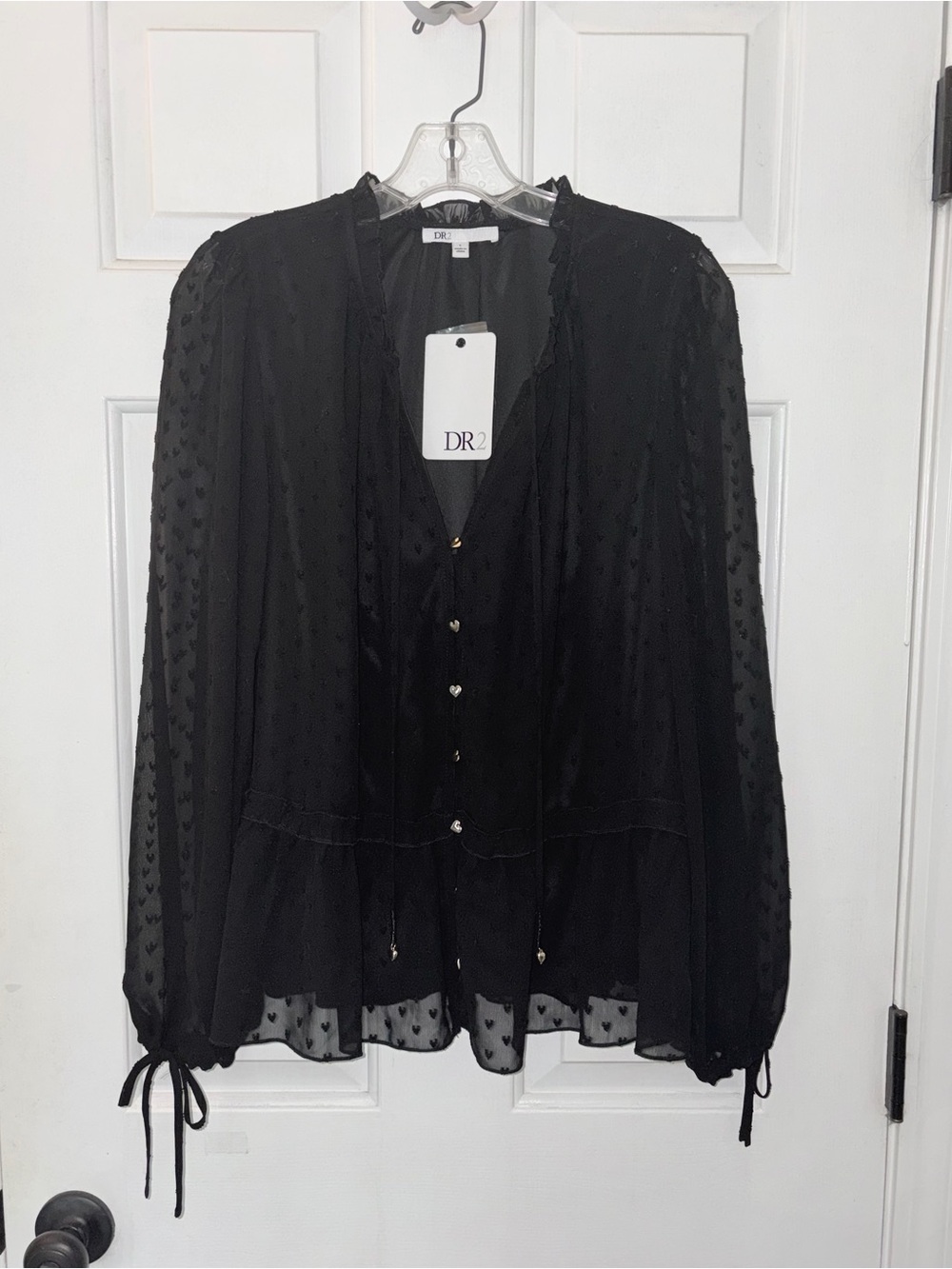 NWT DR2 Anthropologie Black Swiss Dot Heart Button Up Long Sleeve Blouse Top
